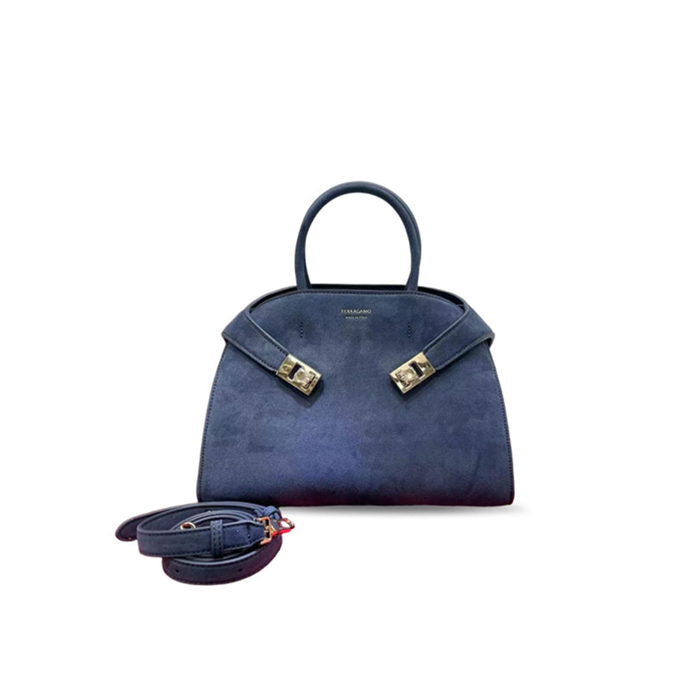 FERRAGAMO DENIM BLUE SUEDE HUG HANDBAG (32*24*17cm) FERRAGAMO DENIM BLUE SUEDE HUG HANDBAG (32*24*17cm)